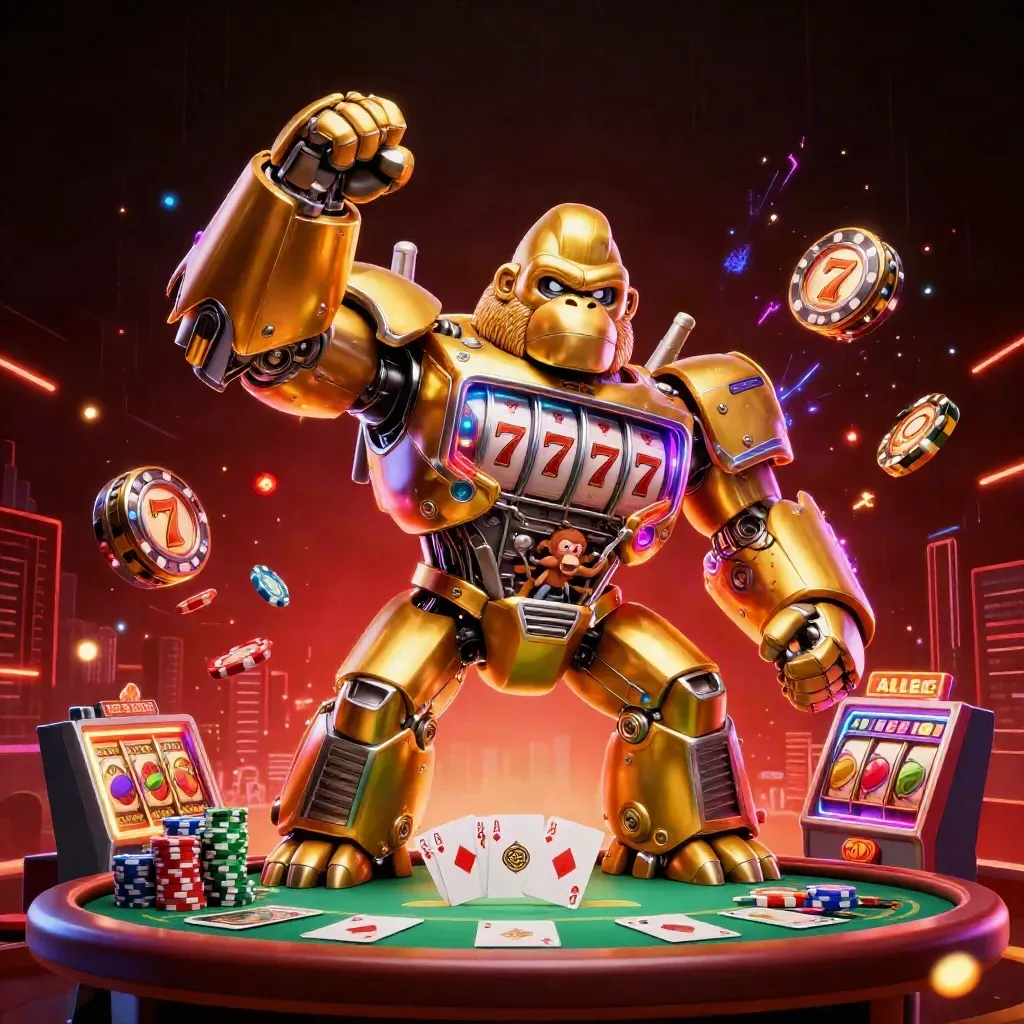 Golden gorilla mech with tiny monkey pilot amid casino lights, chips, cards, and neon energy.