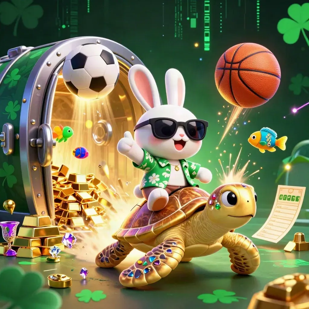 Lucky rabbit rides a golden turtle through casino treasure, neon streaks, and flying sports balls