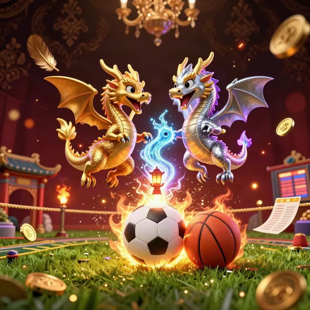 Gold and silver dragons swirl above sports balls in a casino-lit burst.