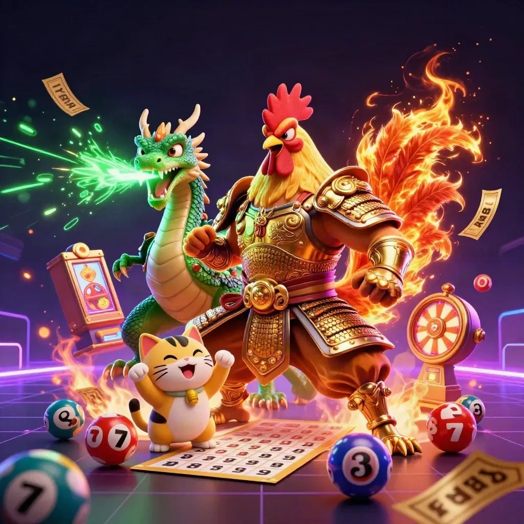 Rooster warrior, dragon hatchling, and fortune-cat amid neon casino bursts and glowing game props.