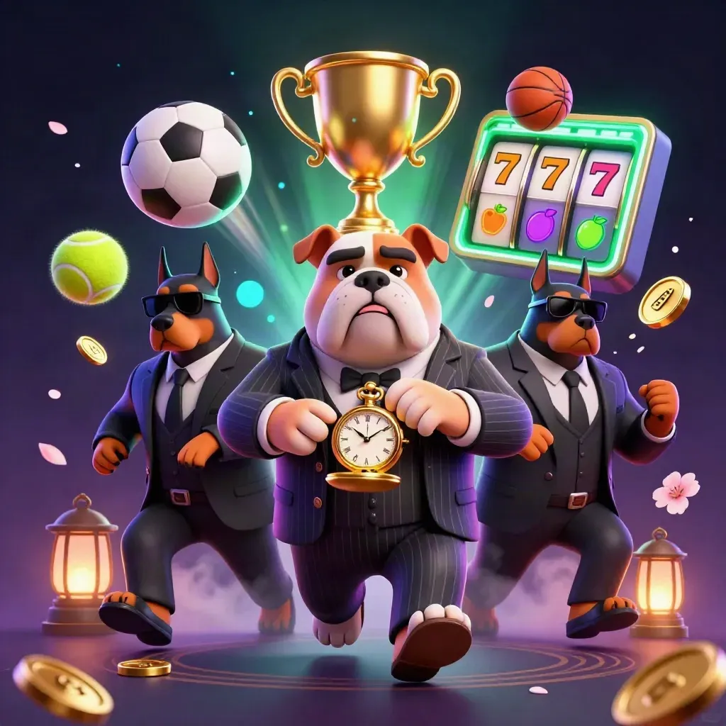 Bulldog mob boss and Doberman guards amid flying sports balls, gold, and neon casino magic
