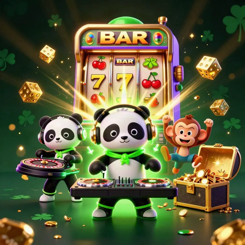 DJ panda, monkey, and glow-stick kitten amid jackpot bursts and casino treasures