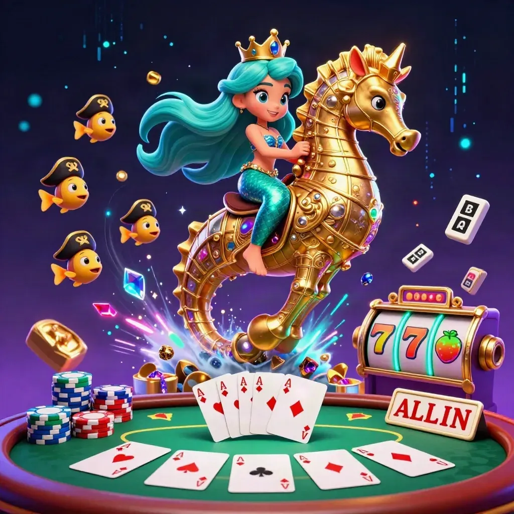 Mermaid princess on a golden seahorse amid poker chips, cards, slot icons, and neon casino energy.