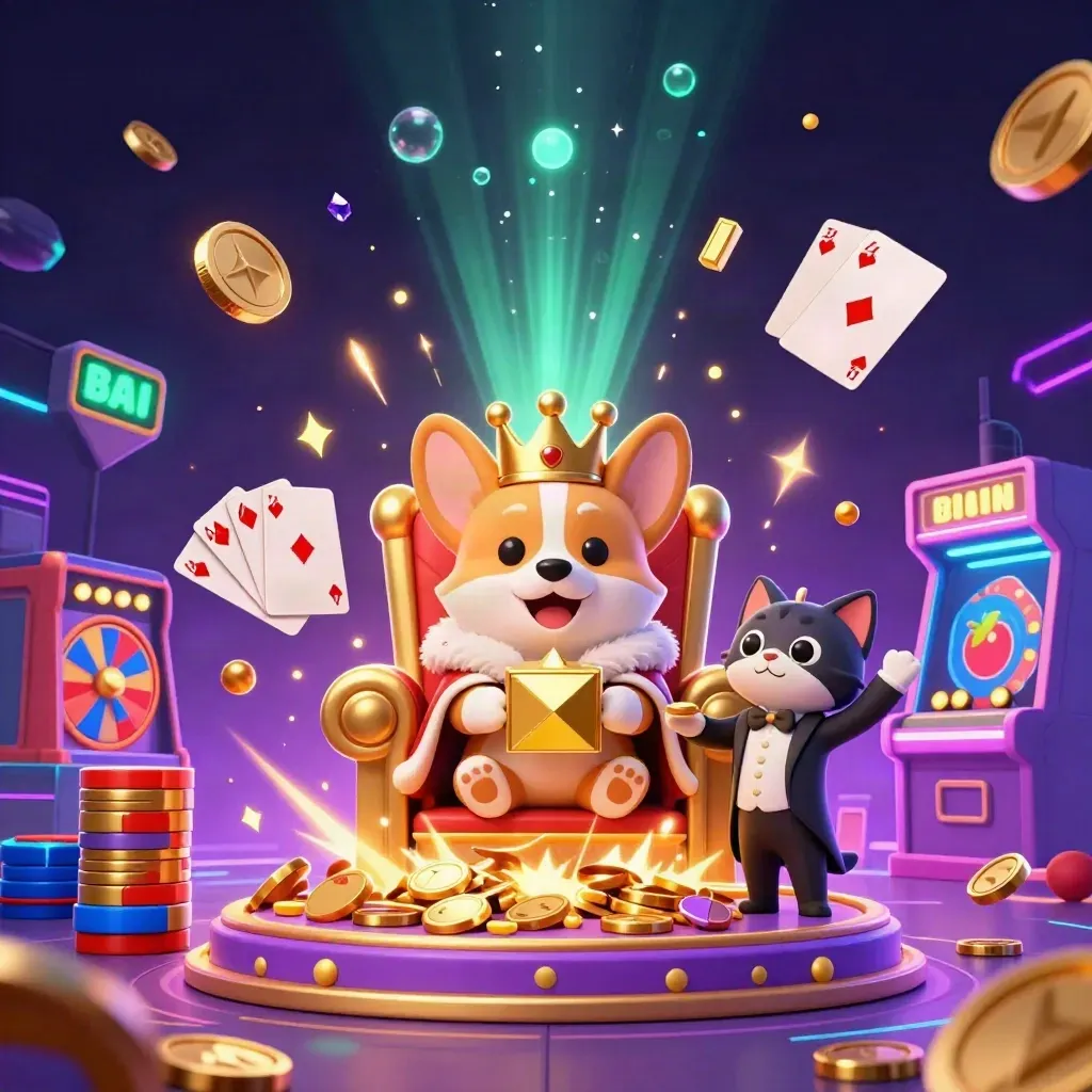Royal corgi and cat butler amid exploding coins, chips, reels, and jackpot glow.
