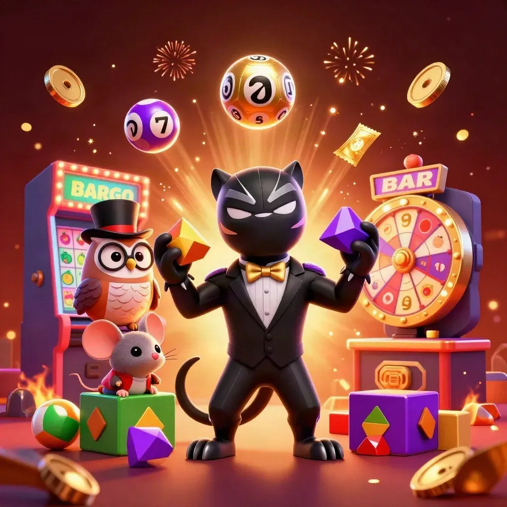 Panther, owl, and mouse amid casino loot, reels, fireworks, and glowing coins