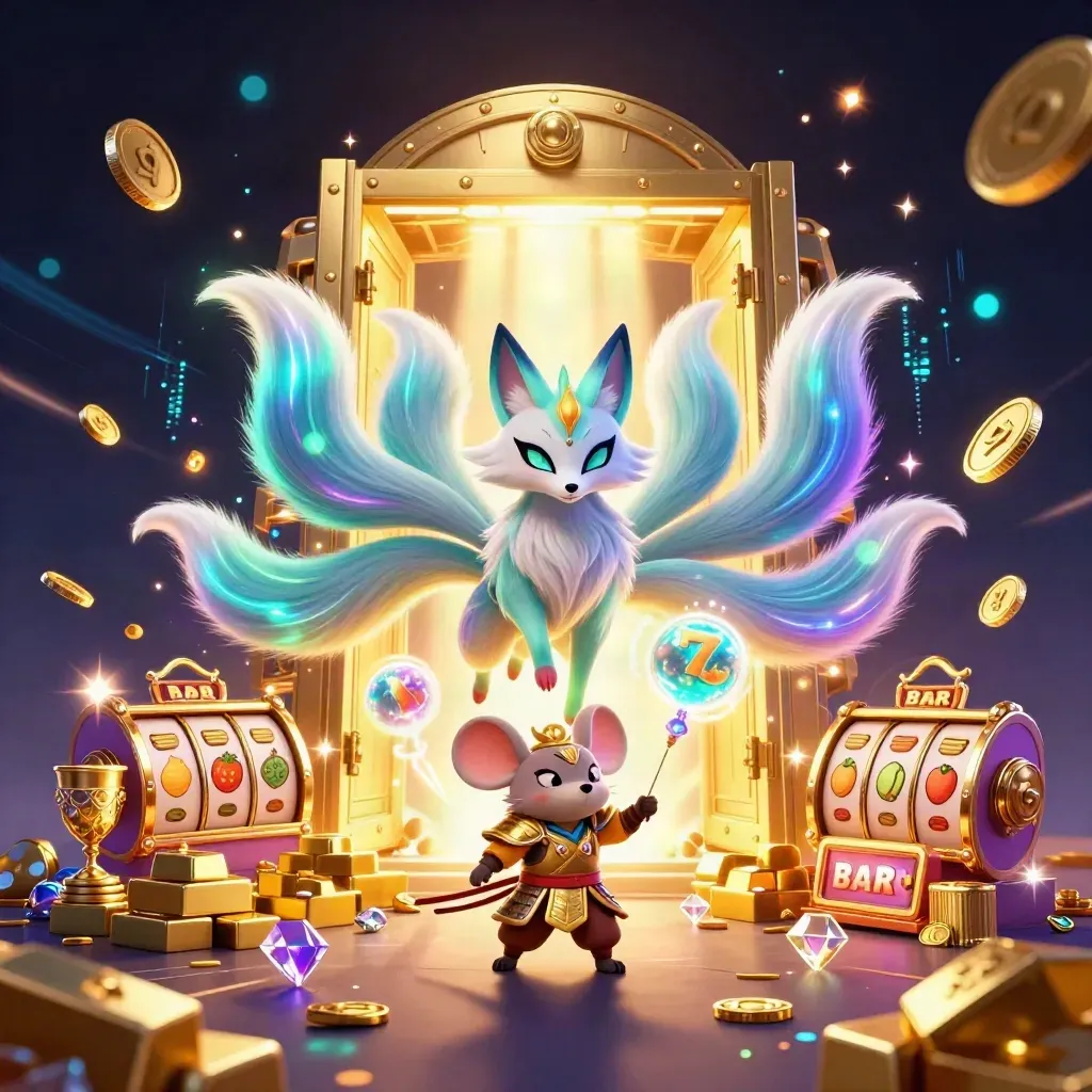 Neon fox spirit and samurai mouse burst from a golden vault amid coins, gems, reels, and fireworks.