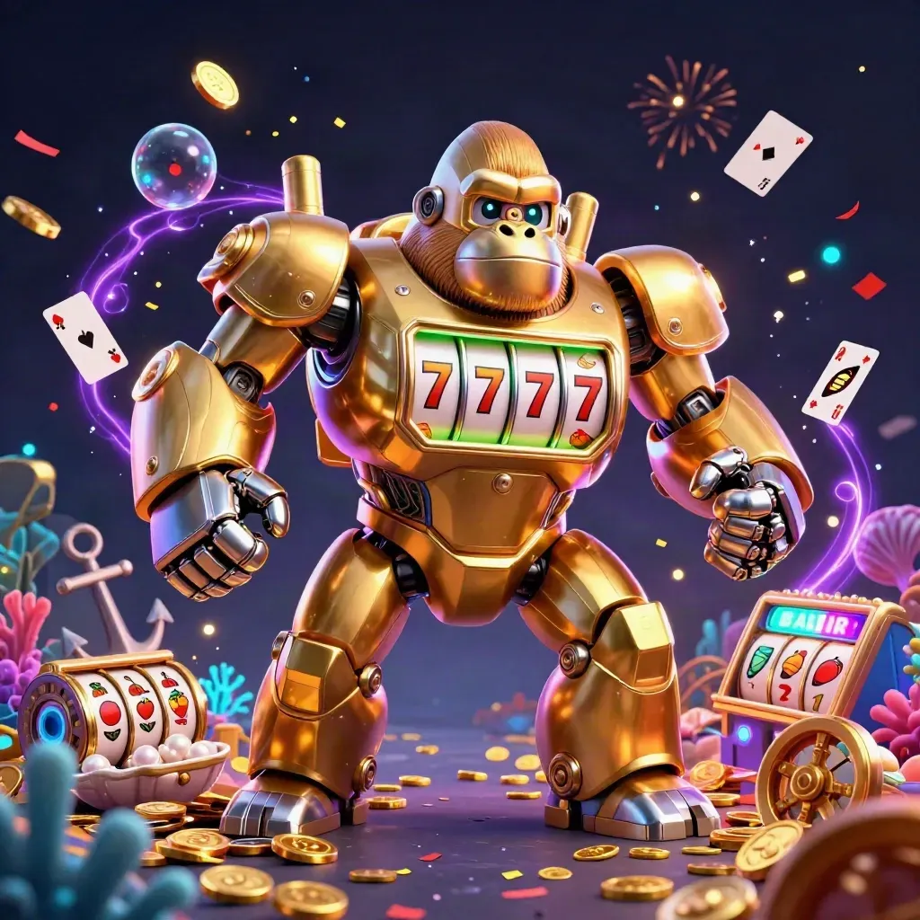 Golden gorilla slot mech with monkey pilot amid treasure cove, reels, coins, coral, sparks