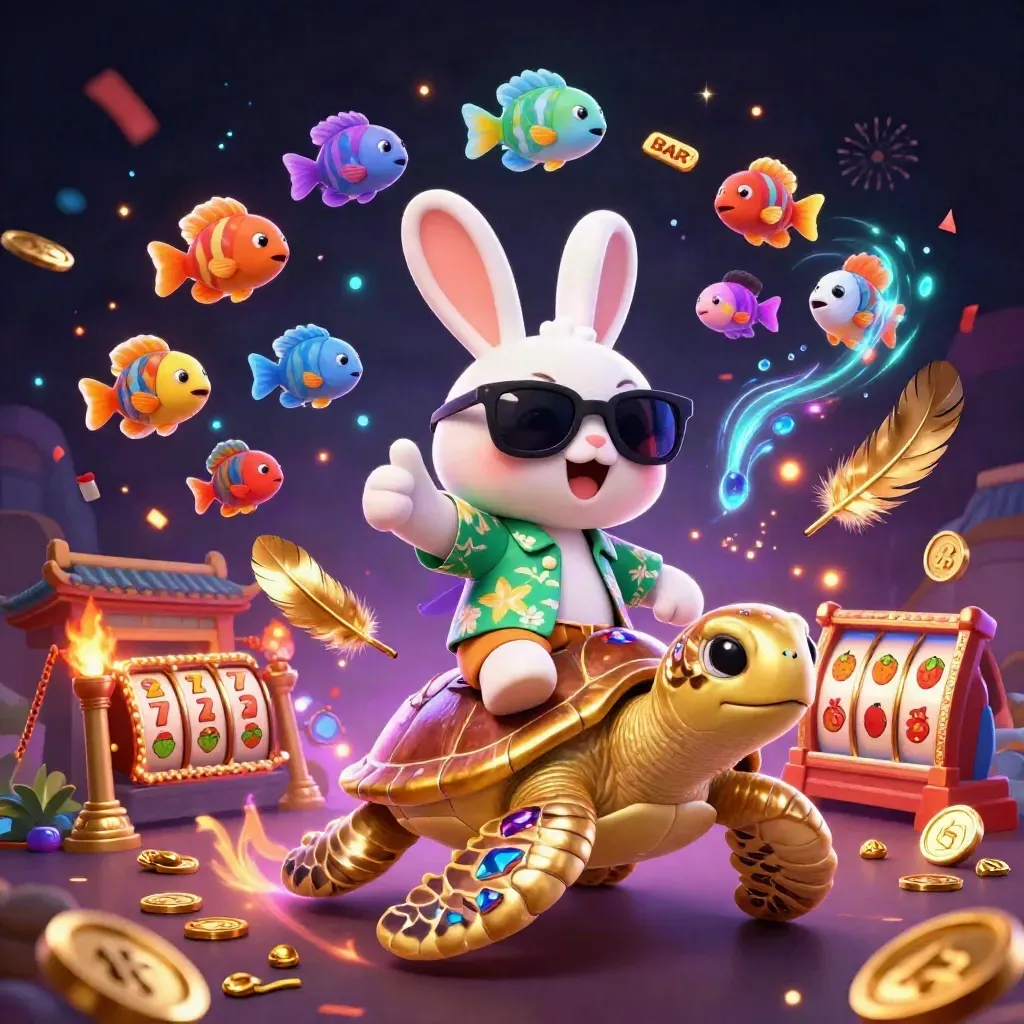 Rabbit in sunglasses rides a jeweled turtle amid casino reels, coins, fireworks, and neon magic.