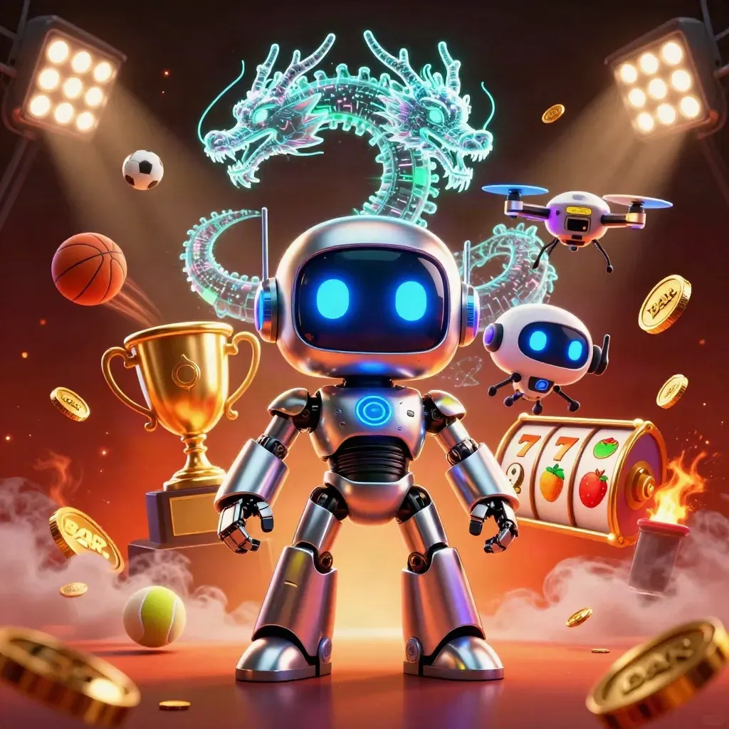 Cyberpunk robot, holographic dragon, and coin drone amid casino and sports action